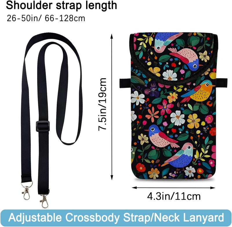 otilil Neoprene Cell Phone Sleeve Pouch Case Bag with Crossbody Strap Neck Lanyard for Women 7.5 X 4.3 in Flower Bird - Image 2